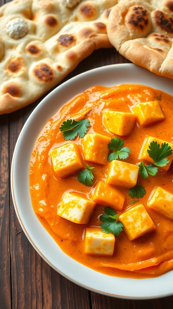 Butter Paneer Masala Recipe A plate of Butter Paneer Masala with paneer cubes in creamy tomato sauce, garnished with coriander, served with naan.